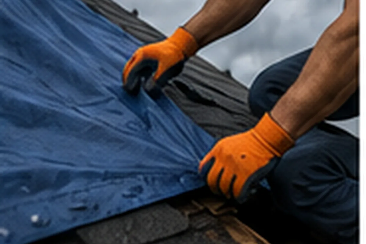 Blue tarp covering an exposed roof section
