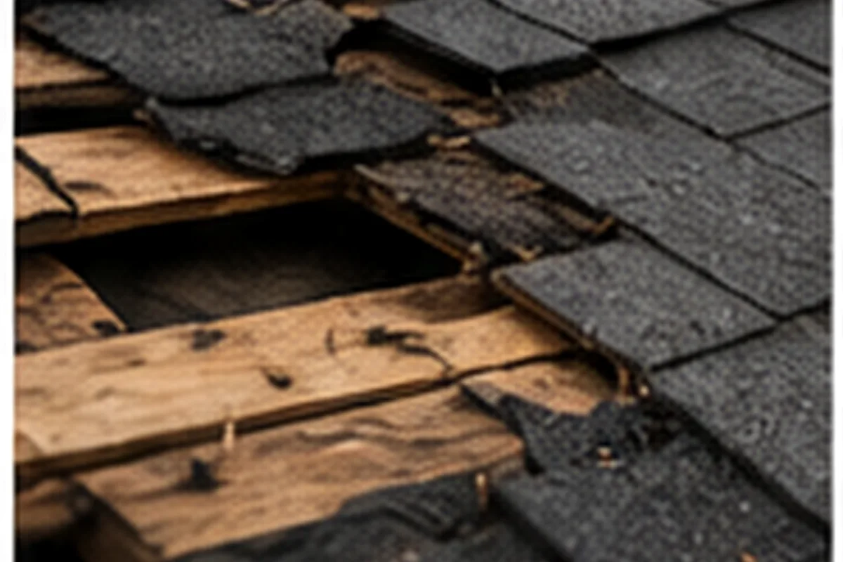 Storm-damaged and lifted asphalt roof shingles