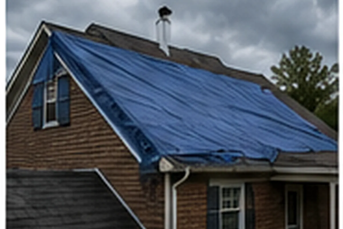 Emergency tarp installed over a damaged residential roof