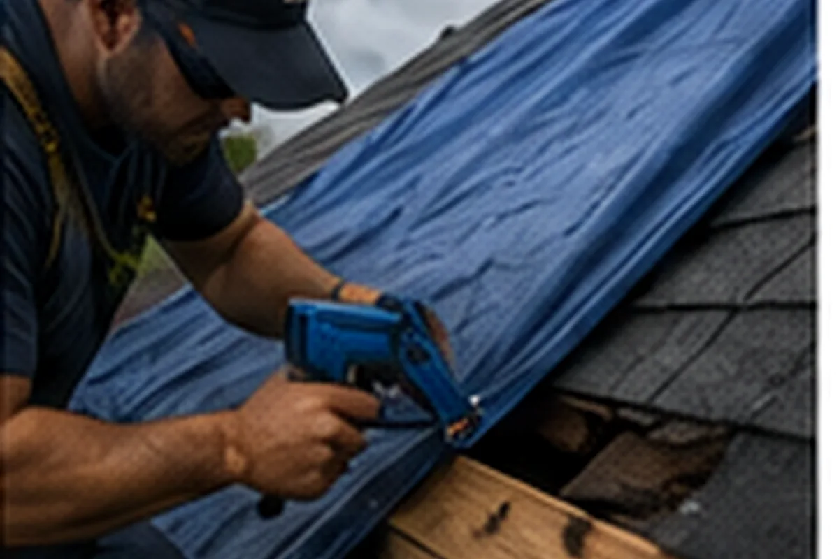 Roofer attaching a temporary tarp after storm damage